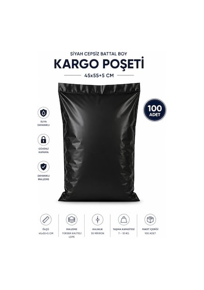 Siyah Cepsiz Battal Boy Kargo Poşeti 45x55+5 Cm 100 Adet
