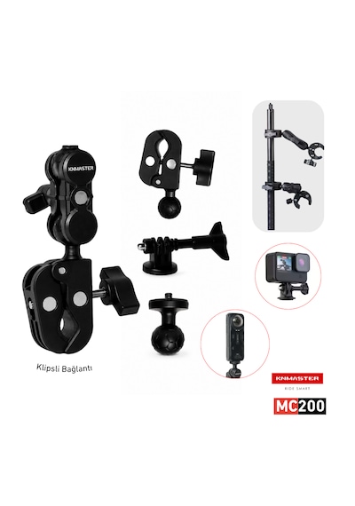 Knmaster Mc-200 360 Ayarlanabilir Motosiklet Çift Yengeç Kelepçeli Double Clamp Aksiyon Kamera Destek Aparatı 17 Cm