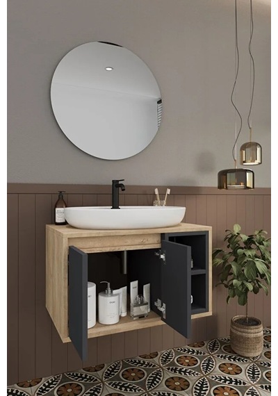 Gül 70 Cm %100 Mdf Lavabolu Banyo Dolabı Ayna Alt Dolap Lavabo Antrasit