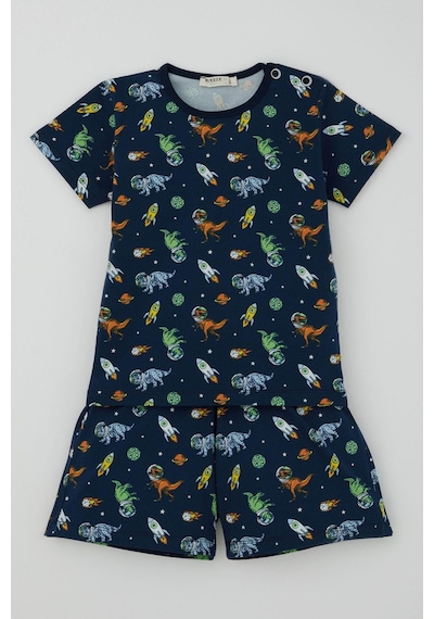 Breeze Erkek Bebek Şortlu Pijama Takımı Uzay Temalı Astronot Dinozor Desenli 9 Ay-3 Yaş, Lacivert