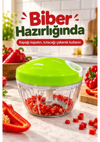 İpli Sebze Doğrayıcı Üç Bıçaklı Şeffaf Hazneli Yeşil