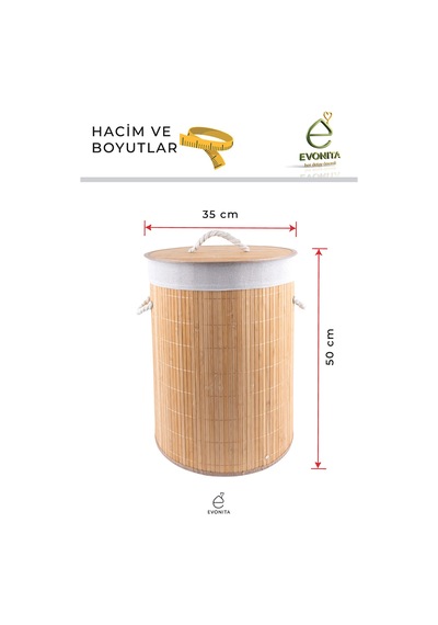 Bambu Kapaklı Çamaşır Sepeti 40x50 Cm Kirli Sepeti Çıkarılabilir Yıkanabilir Bez Astarlı Kahverengi