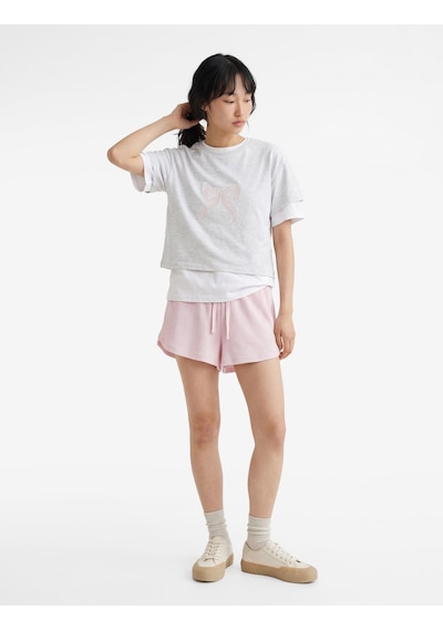 Koton Slim Fit Kısa Kollu Bisiklet Yaka Fiyonk Nakışlı Tişört Kar Melanj 6sal10701ık Gri Melanj