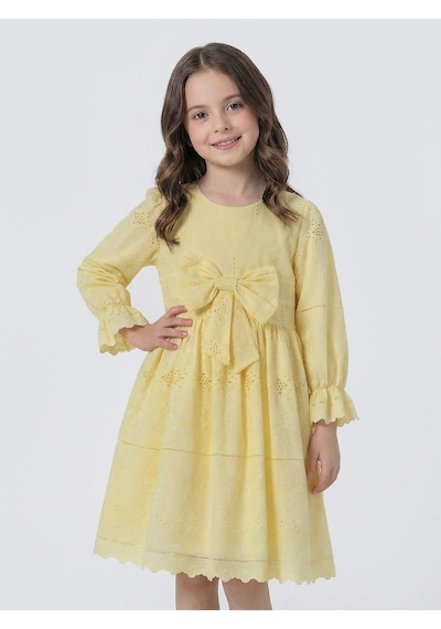 Pina Kids Kız Çocuk Uzun Kollu Önü Kurdelalı Fisto Elbise Sarı