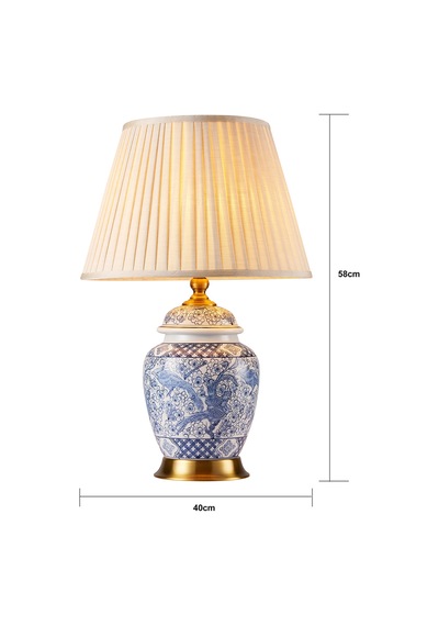 Elea Blue Blanc Desenli Seramik Oturma Odası Salon Abajur Lacivert