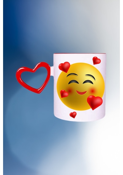 Kalp Emoji Baskılı Kalpli Kırmızı Kupa Bardak Çay Kahve Fincanı Beyaz