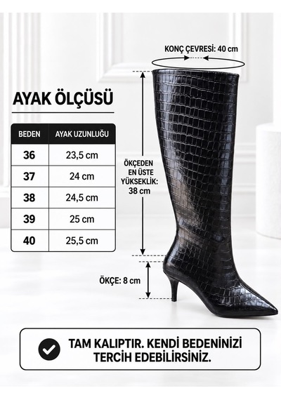 Dabab Shoes Aster Kadın Siyah Kroko Cilt Sivri Burun İçi Kürklü 8 Cm İnce Topuklu Uzun Çizme Dabab Shoes Aster Kadın Siyah Kroko Cilt Sivri Burun İçi Kürklü 8 Cm İnce Topuklu Uzun Çizme