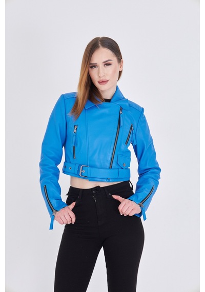 M M Marki Marki Kadın Mavi Hakiki Deri Crop Ceket Biker Stil, Kruvaze Yaka, Kemerli, 52 Cm - 117622
