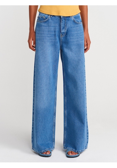 Dilvin 71980 Dökümlü Geniş Denim Pantolon-mavi Mavi