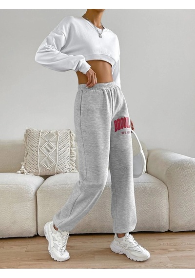 Kadın Gri Brooklyn Baskılı Lastik Paça Eşofman Altı Jogger 2 Iplik Şardonsuz Gri