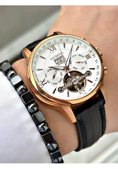 Raymond Özel Seri Otomatik Diplomat Klipsli Deri Kordon Erkek Saati Rose Gold