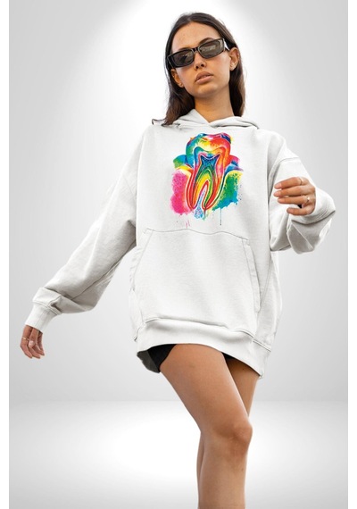 Diş Doktoru Diş Anatomisi Özel Tasarım Kadın Erkek Beyaz Kapüşonlu Sweatshirt Hoodie Beyaz