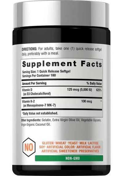 K2 Mk-7 100 Mcg +d3 5,000 Iu 180 Softgels