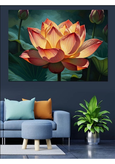 Ahşap Tablo Turuncu Lotus Çiçeği Su Üstünde Dekoratif Tablolar