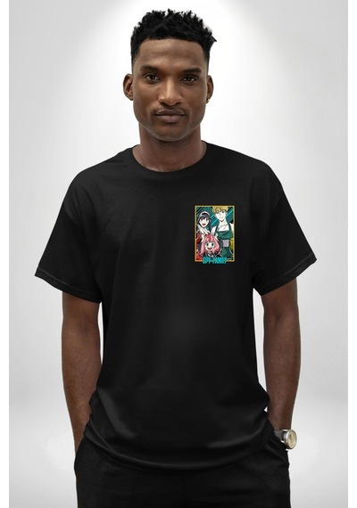 Spy X Family Anime Özel Tasarım Siyah Oversize Unisex Ön Sol Yan Minimal Baskılı Tişört Koyu Siyah