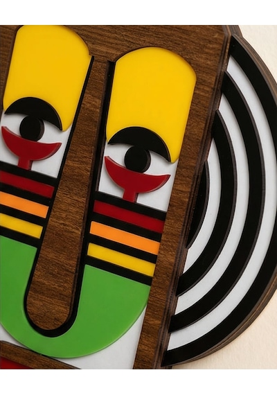 El Yapımı Renkli Soyut Yüz Maske - Ahşap Duvar Dekoru, Sarı Gözlü Modern Tribal Sanat Paneli Mdf 1