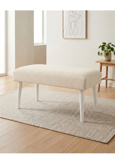 Krem Keten Kumaş Bench Puf 90x45x46 Cm Ahşap Beyaz Ayaklı Demonte Modern Yatak Ucu Bench Oturma Bankı Antre Koridor Pufu