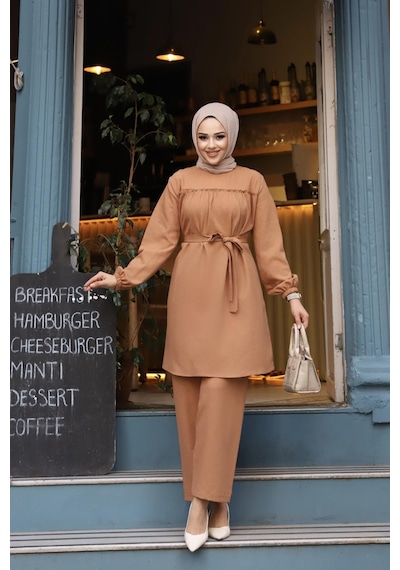 Misskayle Fırfır Detaylı Tesettür Camel Takım Camel