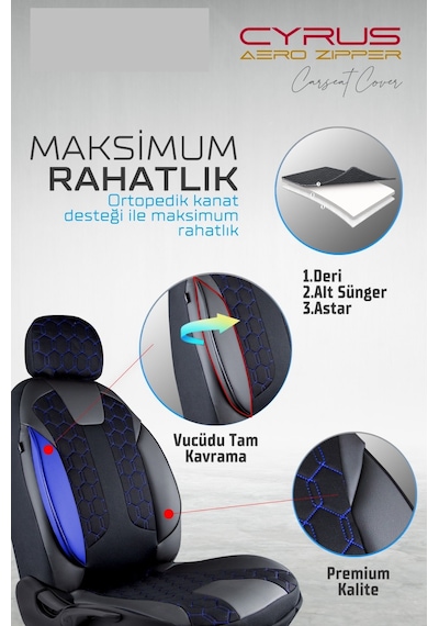 Mazda 929 Yarı Deri Oto Koltuk Kılıfı Ön Arka Set Cyrus Siyah Mavi Fs