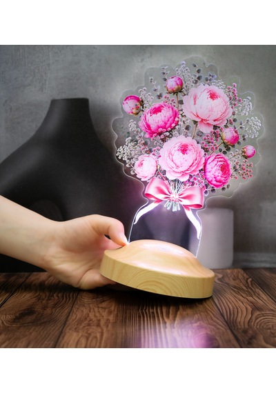 Pembe Şakayık Çiçek Buketi Led Lamba, Anneye, Sevgiliye Ve Kadına Zarif Hediye, Şık Peony Şakayık Aranjmanı Pembe Şakayık Lamba