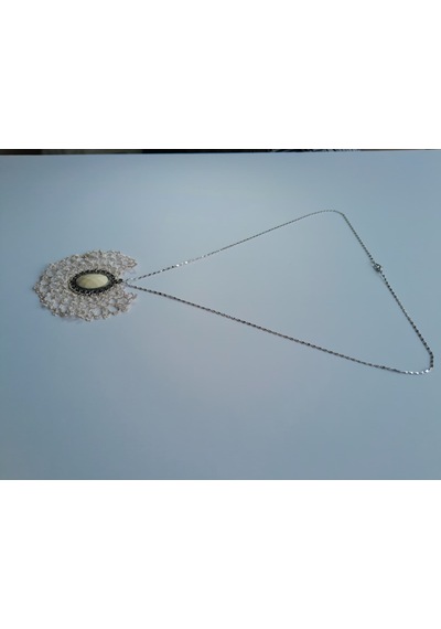 El Yapımı Dantel Detaylı Taş Görünümlü Bijuteri Kolye Vintage Kadın Kolye Hediyelik Bej