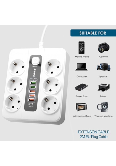 H-04 Termal Akım Korumalı 3000w 10 Amper 6'lı Priz 2 Metre Uzatma