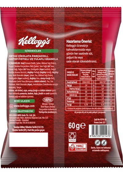 Kellogg's Beyaz Çikolata Parçacıklı&antep Fıstıklı Granola 60gr