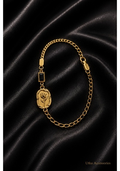 Stainless Steel Siyah Taşlı Gold Çelik Bileklik Altın
