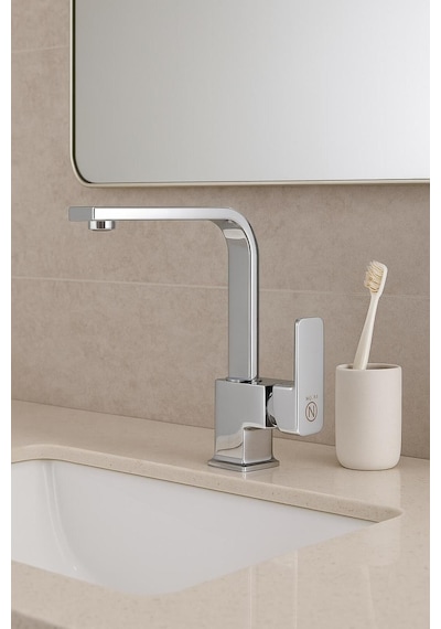 Rena Design Lavabo Bataryasi Krom Kare Banyo Lavabo Musluk Ağir Prinç Gövde Döner Boru Lüks Armatür Gümüş Gri