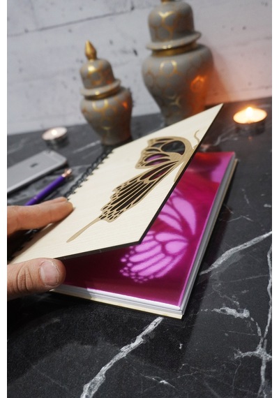 Kelebek Desenli Ahşap Kapaklı Defter - Ajanda - Günlük - Çizgisiz Defter - Düz Notebook Çizgisiz