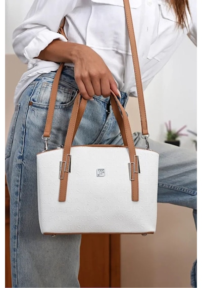 Just Polo Kadın 3 Bölmeli Lüks El Ve Omuz Çantası Ebat : 26 X 20 Cm Beyaz - Taba 52417468