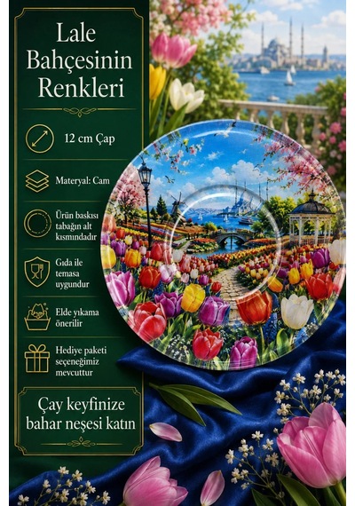 6 Lı Cam Çay Tabağı Renkli Lale Bahçesi Ve Boğaz Manzarası Desenli 12 Cm 6 Adet Çay Tabak Pembe