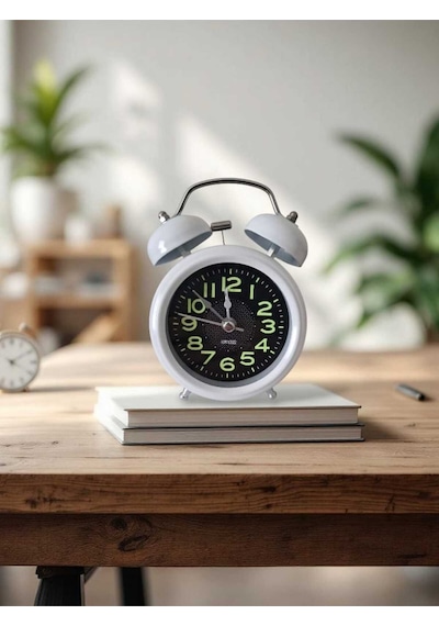 Metal Süper Yüksek Sesli Alarm Saati, Işıklı, Fosforlu, Gece Görünen Kadranlar, Sessiz Saniyeli Beyaz