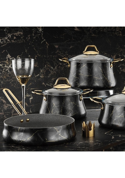 Brioni Marble 7 Parça Siyah Mermer Tencere Ve Tava Seti