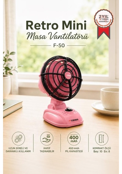 Premium Vintage Model Taşınabilir Fan Retro Tarz Şarjlı Masaüstü Vantilatör F50 Pembe