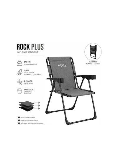 Katlanır Piknik Ve Kamp Sandalyesi - Bardaklıklı - Rock Plus - Gusto Antrasit Çok Renkli