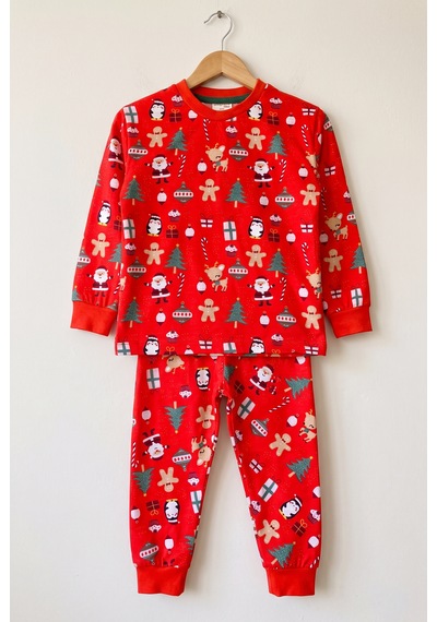 Bmt Bebek %100 Pamuk Kırmızı Yılbaşı Temalı Çocuk Pijama Takımı 3-12 Yaş