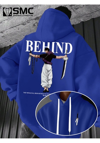 Uyguntarz Unisex Toji X Japon Baskılı Kapüşonlu Sweatshirt Saks Mavi