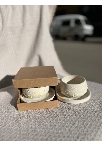 El Yapımı Seramik Kupa, Mug, Türk Kahvesi Bardağı Papatya Desen