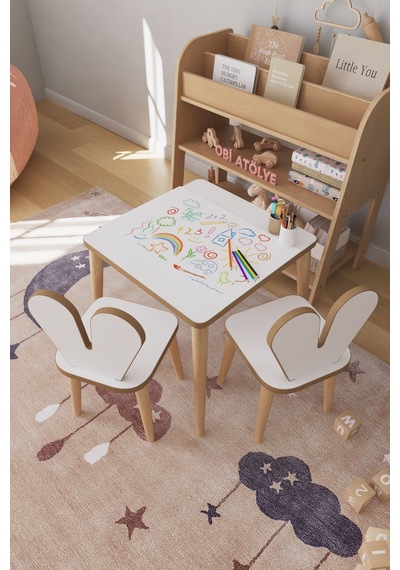 Resim Kağıdı Rulolu Çocuk Aktivite Masası 45x45 Cm 2 Sandalyeli Tavşan Sandalye Çok Renkli