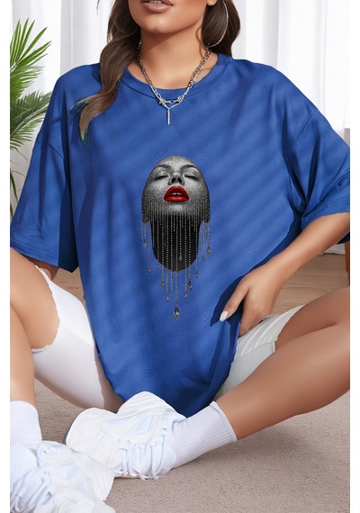 Uyguntarz Unisex Pırlantalı Kadın Portresi Tasarım Basklı Tshirt Mavi