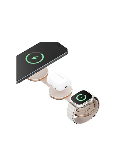 Energea Alumag Trio 3in1 Katlanabilir Qi2 Destekli 15w Telefon Saat Apple Uyumlu AirPods Masaüstü Hızlı Şarj Standı - Gold