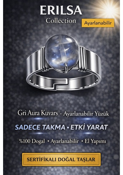 Sertifikalı Gri Aura Kuvars Yüzük Doğal Taş Ayarlanabilir El Yapı Çok Renkli