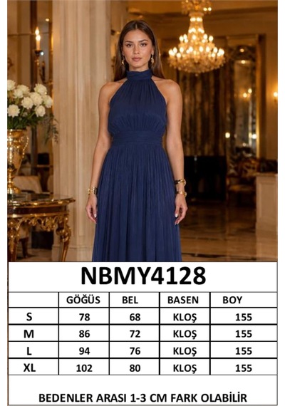 Neşeli Butik Kadın Lacivert Halter Yaka Janjan Kumaş Premium Abiye Elbise Nbmy4128