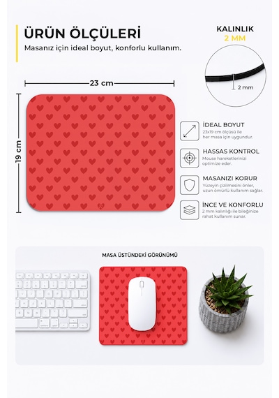 Kırmızı Renkli Kalpli Desenli Ergonomik Mouse Pad, Kaymaz Yüzey İle Ev Ve Ofis Kullanımı İçin İdeal