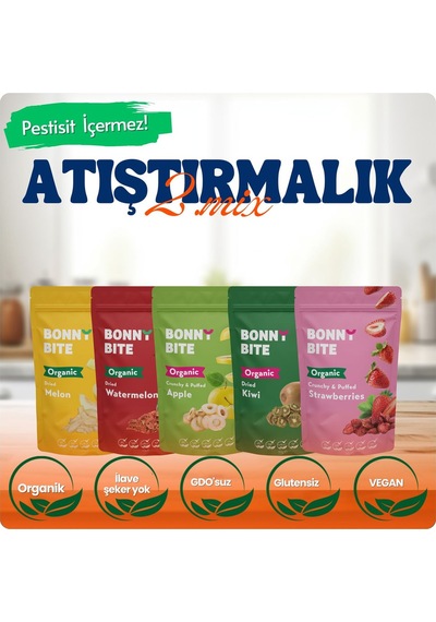 Kurutulmuş Organik Kavun, Karpuz, Elma, Kivi & Çilek 5'li Paketi Atıştırmalık Mix2 Diğer