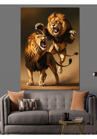 Ahşap Tablo Kavga Eden İki Aslan Resmi