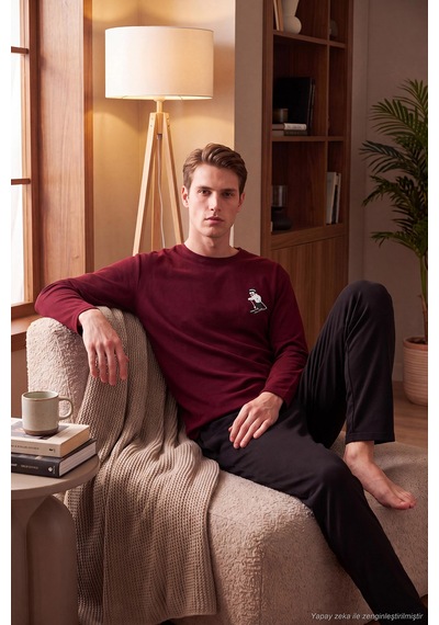 Buratti Nakışıklı Yumuşak Dokulu Bisiklet Yaka Pijama Takımı Erkek Pijama Takımı 6575010 Bordo
