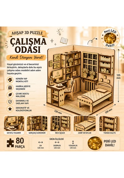 Çalışma Odası Ahşap Maket Seti Dıy Miniatür Yatak Odası Ve Çalışma Köşesi Peri Led'li 3d Puzzle