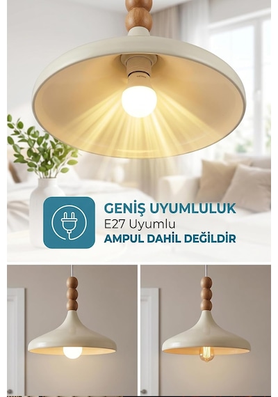Marrien Nova Ahşap 3 Boncuklu Sarkıt Avize, Bohem Tavan Lambası Ve Salon Oturma Odası Aydınlatması - Krem - 35 Cm Diğer